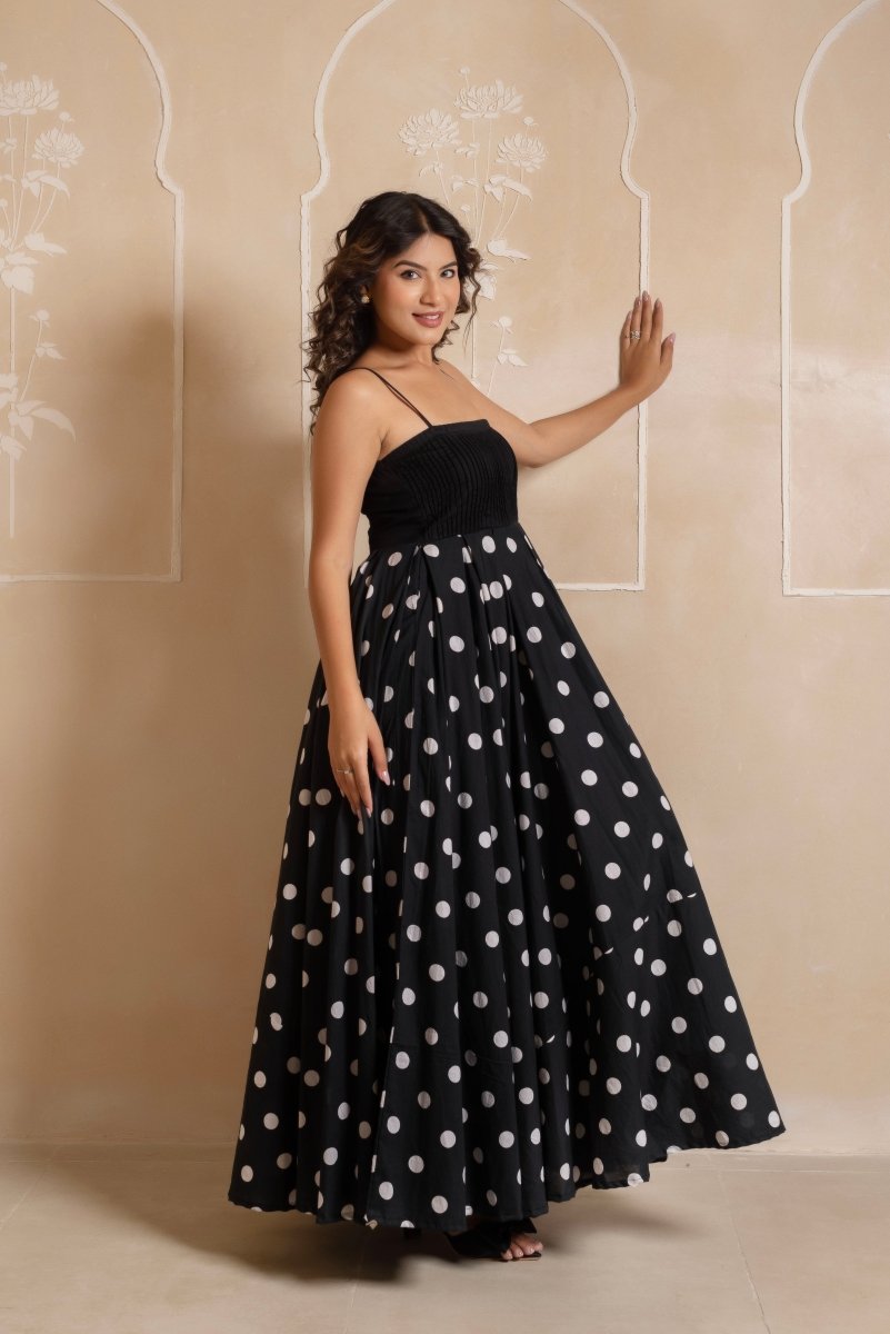 RANG MALHAAR BLACK POLKA DOT COTTON LONG DRESS - Pomcha Jaipur