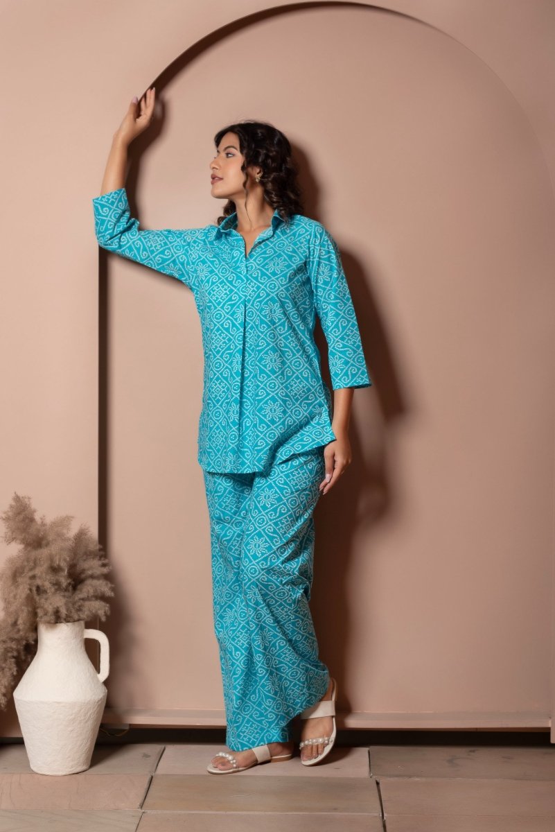 RANG MALHAAR BLUE BANDHEJ COTTON CO - ORD SET - Pomcha Jaipur