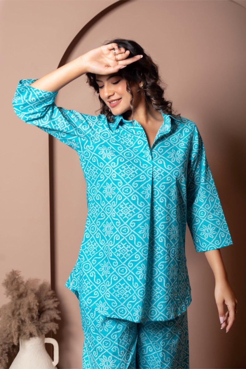 RANG MALHAAR BLUE BANDHEJ COTTON CO - ORD SET - Pomcha Jaipur