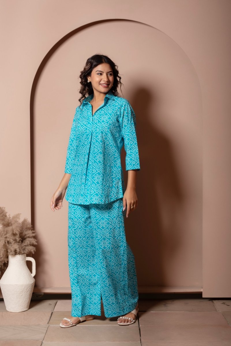RANG MALHAAR BLUE BANDHEJ COTTON CO - ORD SET - Pomcha Jaipur