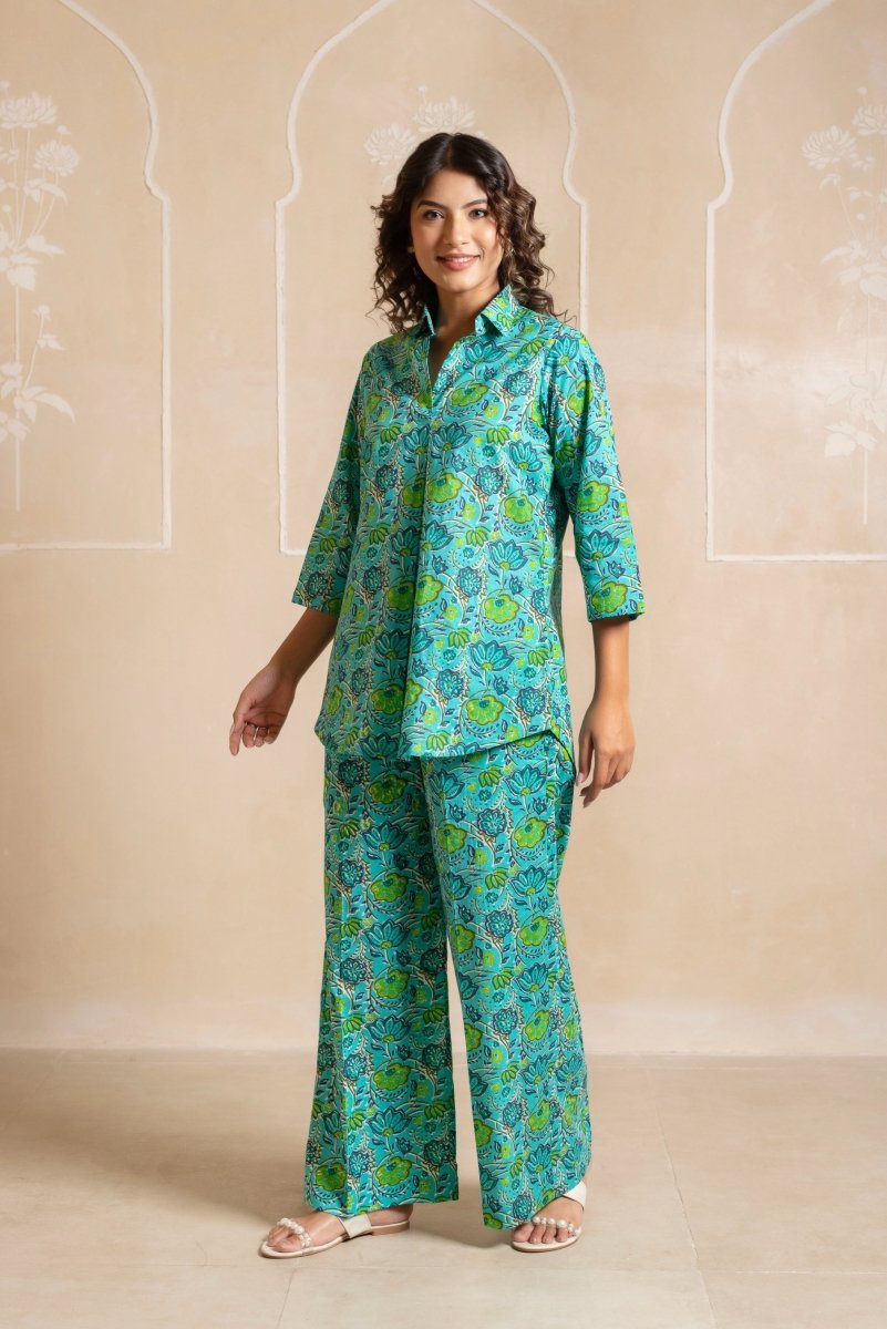 RANG MALHAAR BLUE HAND BLOCK COTTON CO - ORD SET - Pomcha Jaipur