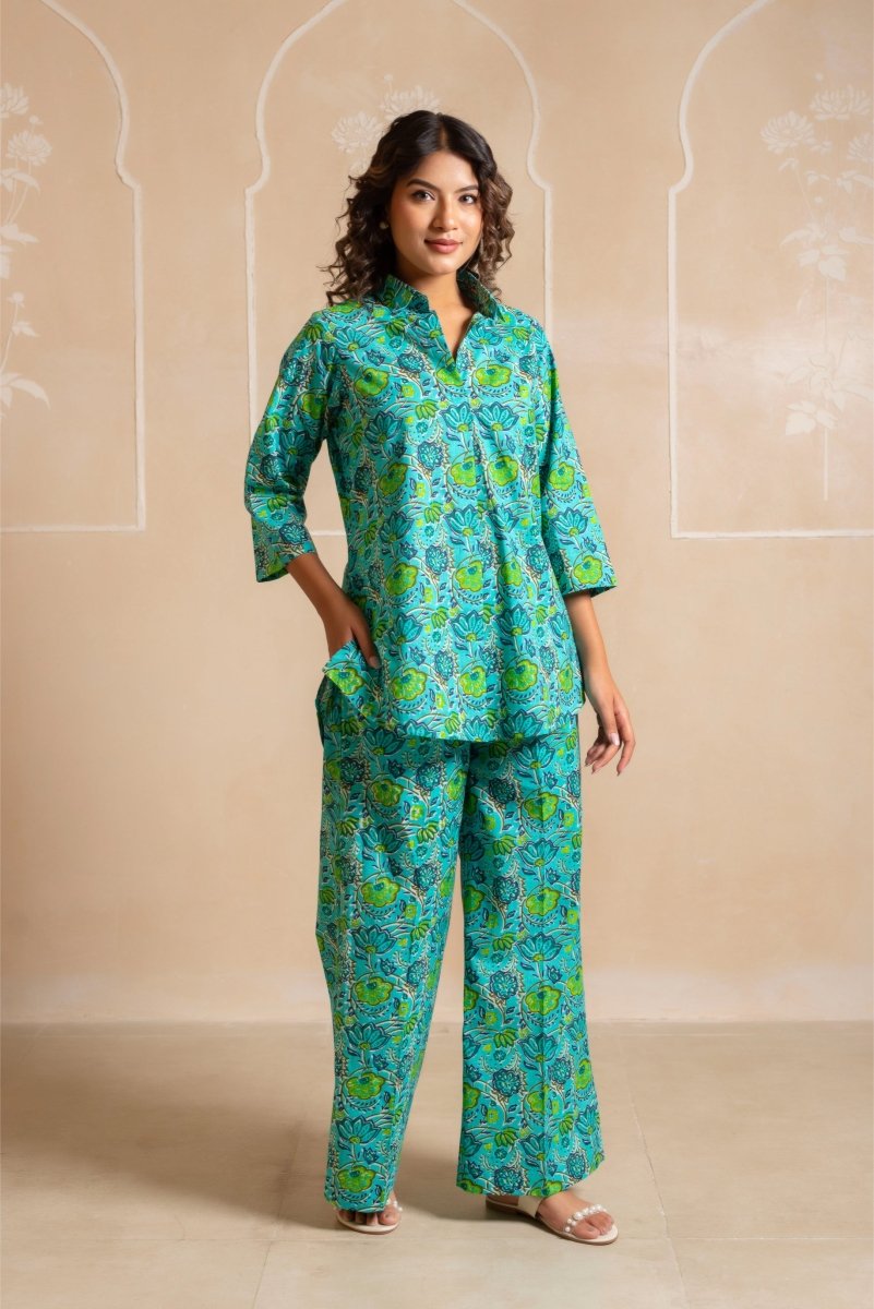 RANG MALHAAR BLUE HAND BLOCK COTTON CO - ORD SET - Pomcha Jaipur