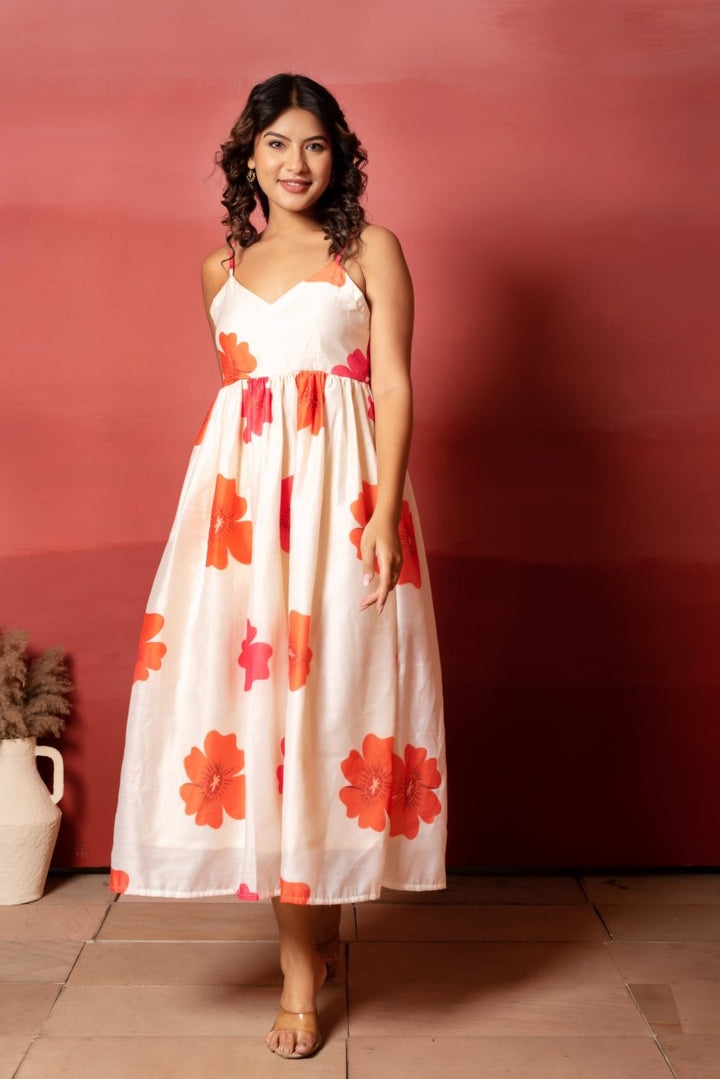 RANG MALHAAR CARNATION OFF WHITE CHANDERI SILK DRESS - Pomcha Jaipur