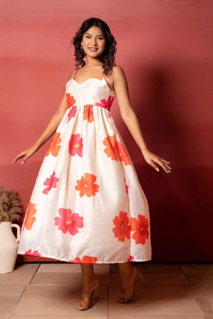 RANG MALHAAR CARNATION OFF WHITE CHANDERI SILK DRESS - Pomcha Jaipur