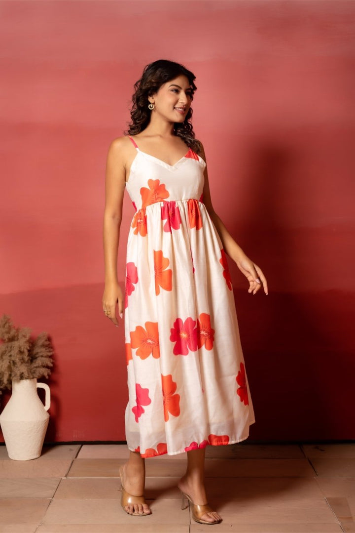 RANG MALHAAR CARNATION OFF WHITE CHANDERI SILK DRESS - Pomcha Jaipur