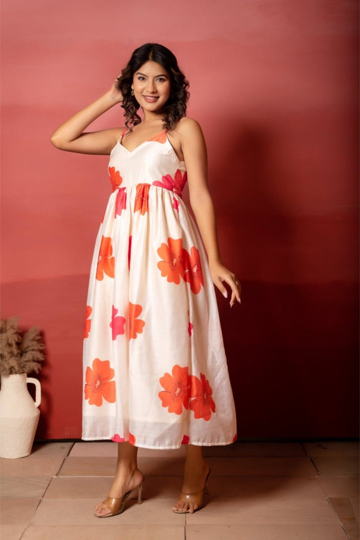 RANG MALHAAR CARNATION OFF WHITE CHANDERI SILK DRESS - Pomcha Jaipur