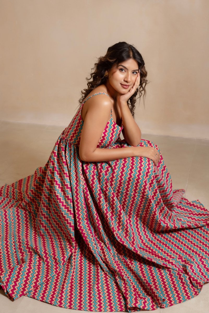 RANG MALHAAR CHEVRON COTTON MAXI DRESS - Pomcha Jaipur