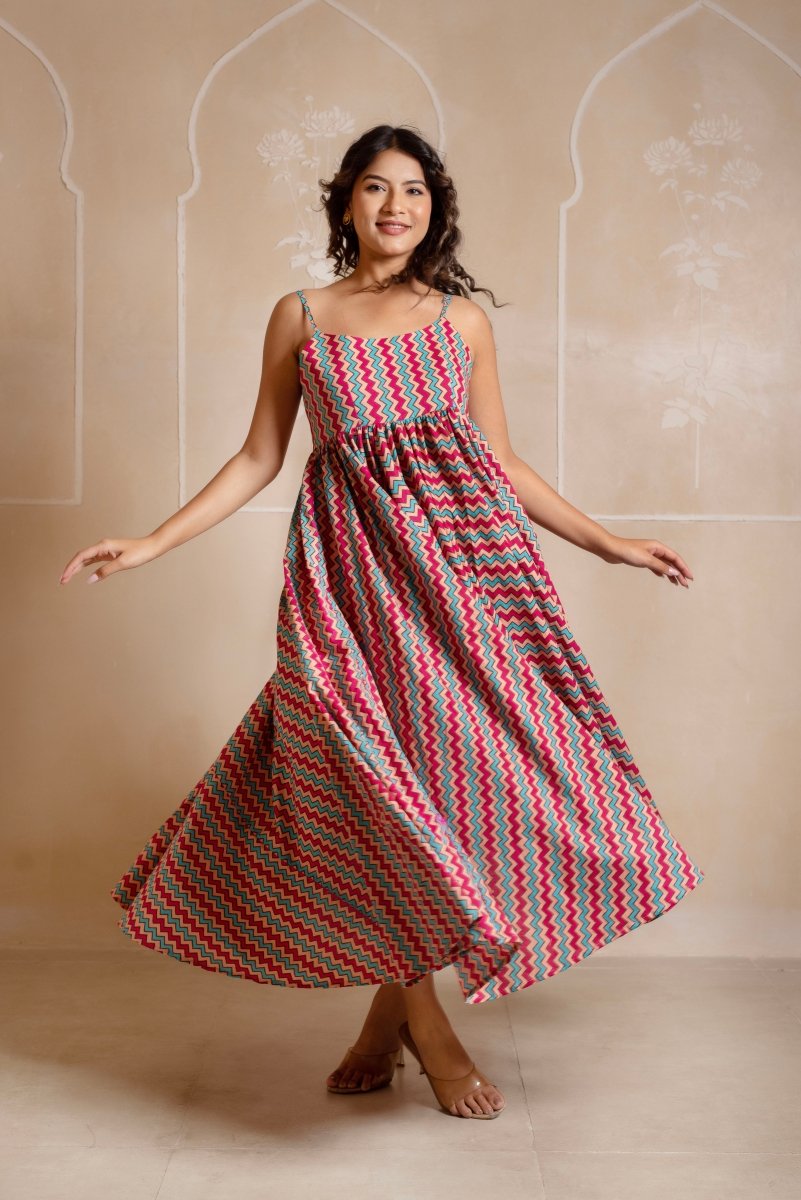 RANG MALHAAR CHEVRON COTTON MAXI DRESS - Pomcha Jaipur