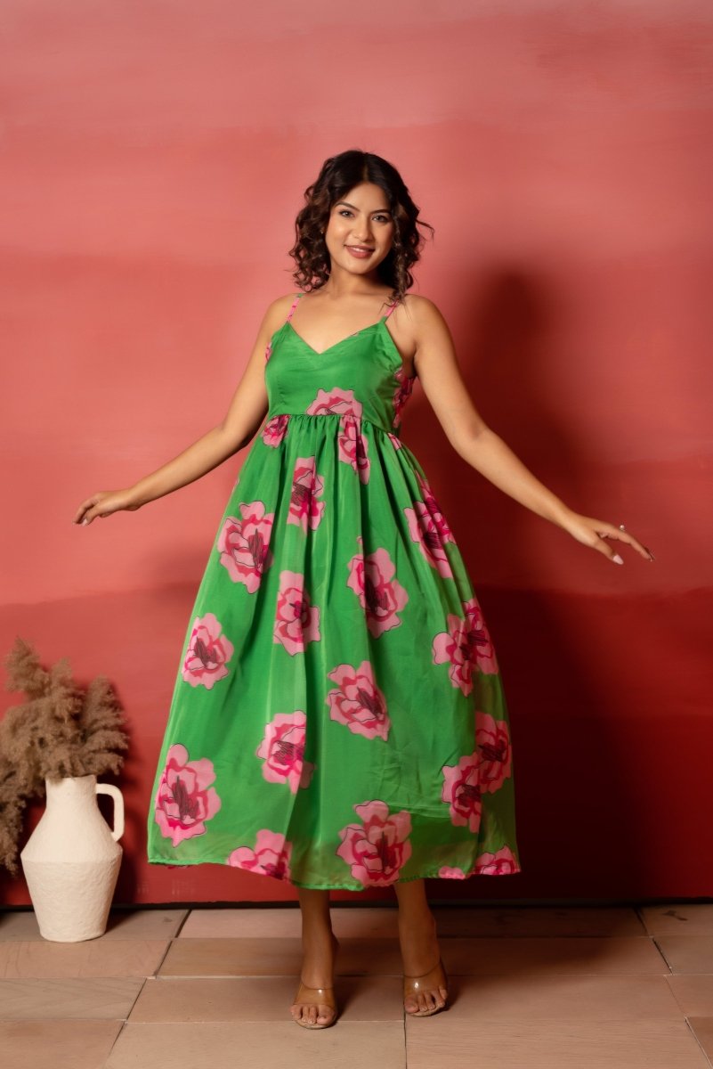 RANG MALHAAR GREEN CARNATION FLORAL PRINT ORGANZA DRESS - Pomcha Jaipur
