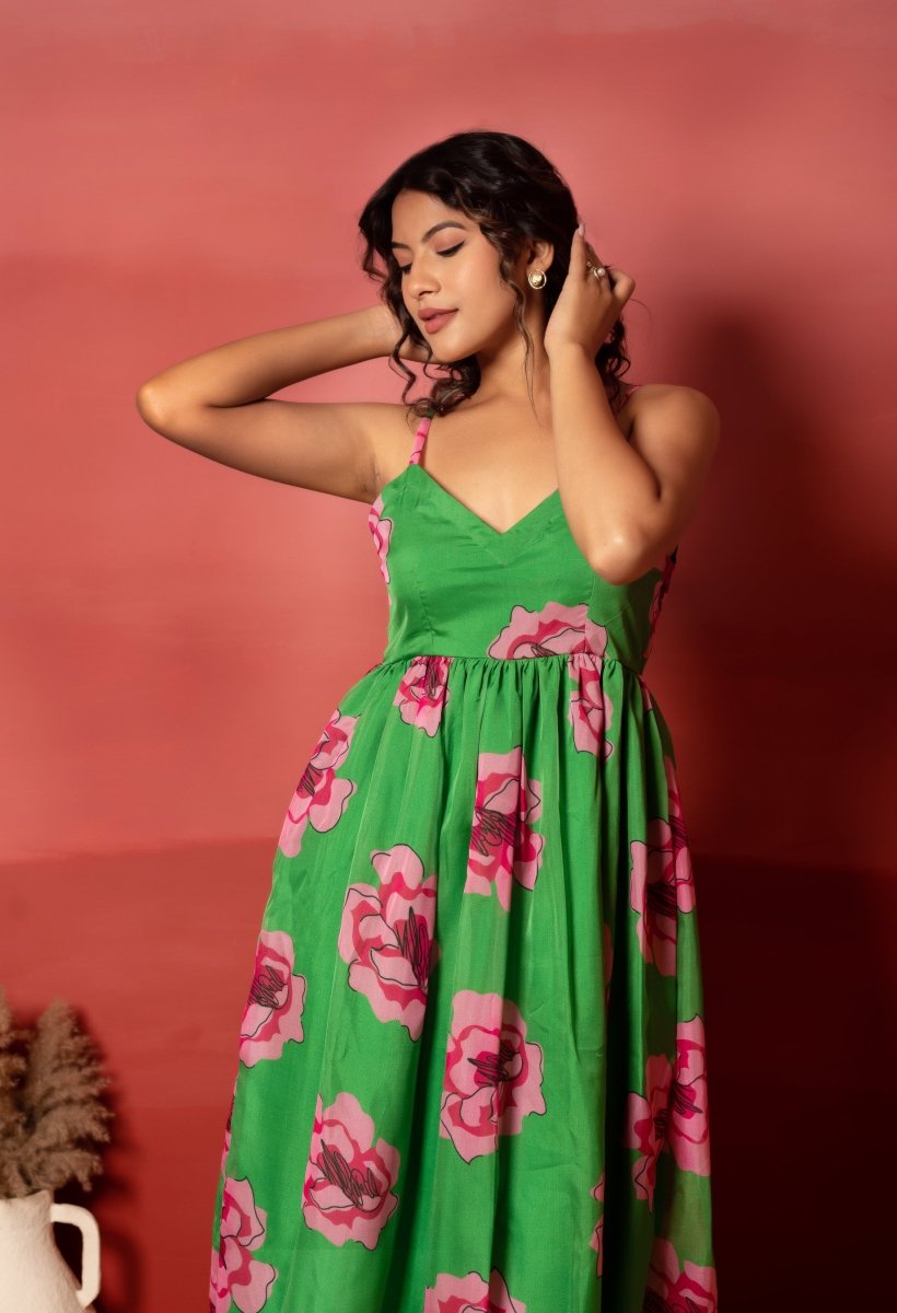RANG MALHAAR GREEN CARNATION FLORAL PRINT ORGANZA DRESS - Pomcha Jaipur