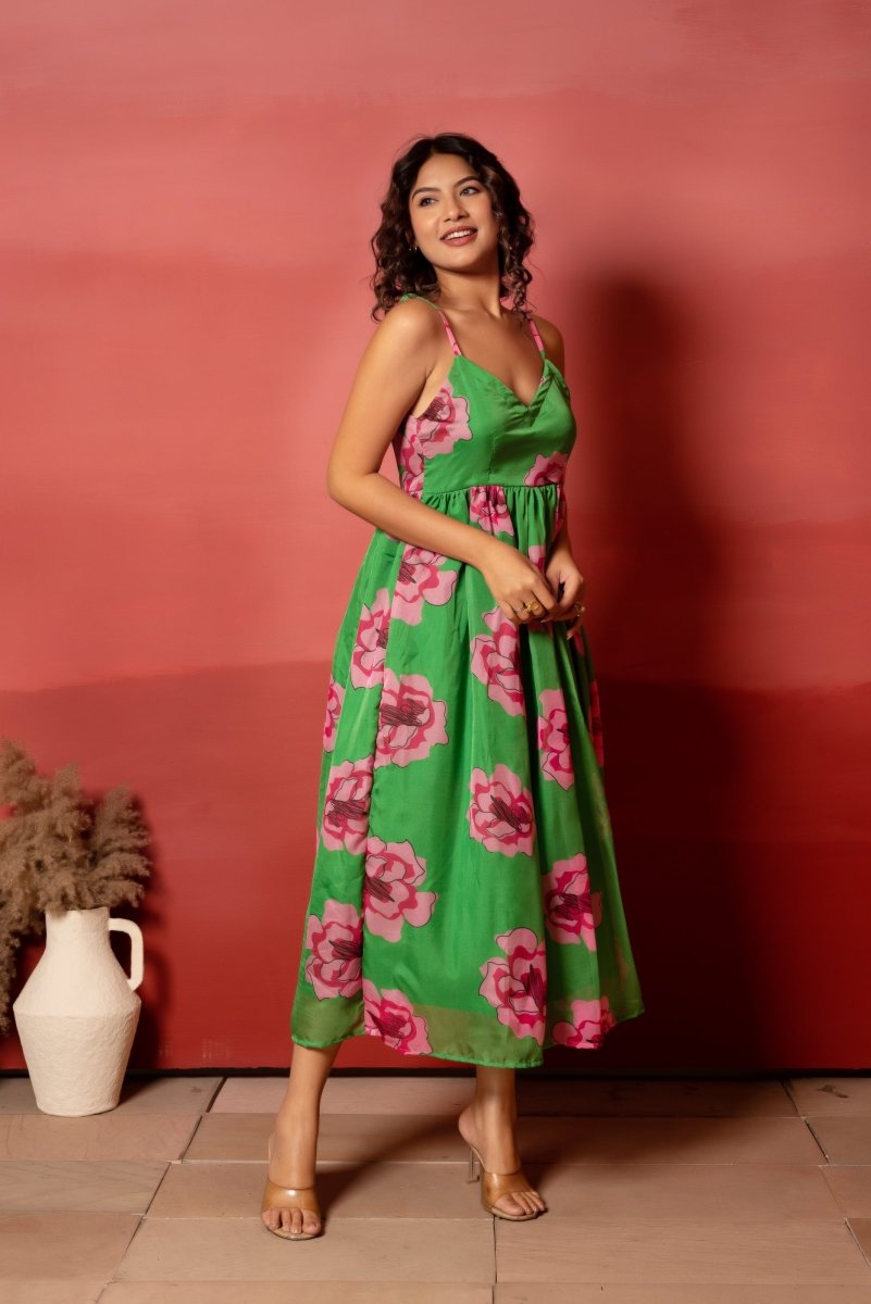 RANG MALHAAR GREEN CARNATION FLORAL PRINT ORGANZA DRESS - Pomcha Jaipur