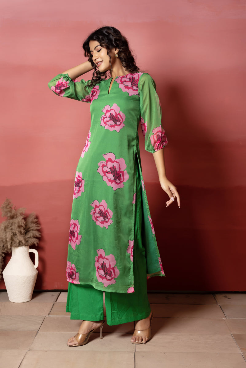 RANG MALHAAR GREEN CARNATION ORGANZA CO - ORD SET - Pomcha Jaipur