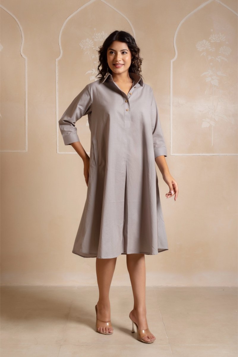 RANG MALHAAR GREY COTTON SHIRT PATTERN DRESS - Pomcha Jaipur