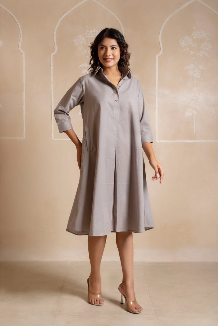 RANG MALHAAR GREY COTTON SHIRT PATTERN DRESS - Pomcha Jaipur
