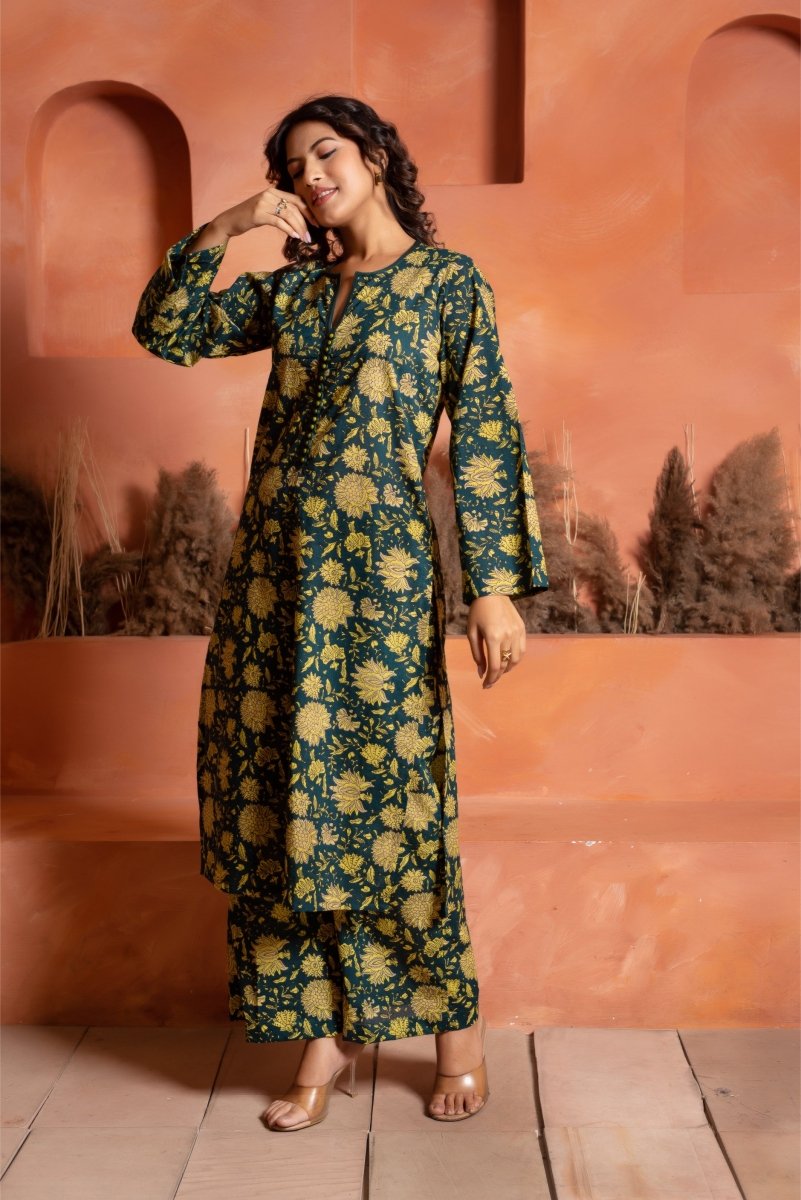 RANG MALHAAR IRA GREEN HAND BLOCK CO - ORD SET - Pomcha Jaipur