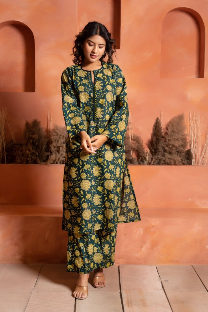 RANG MALHAAR IRA GREEN HAND BLOCK CO - ORD SET - Pomcha Jaipur