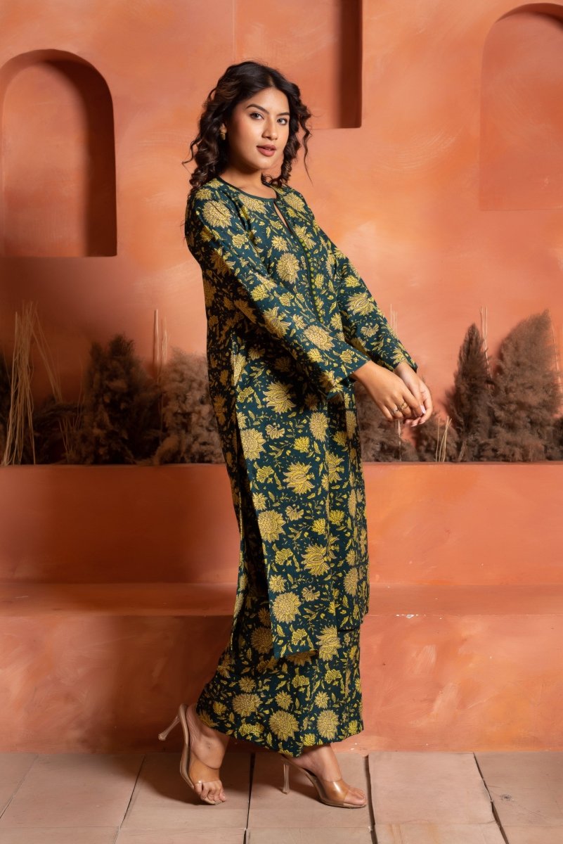 RANG MALHAAR IRA GREEN HAND BLOCK CO - ORD SET - Pomcha Jaipur