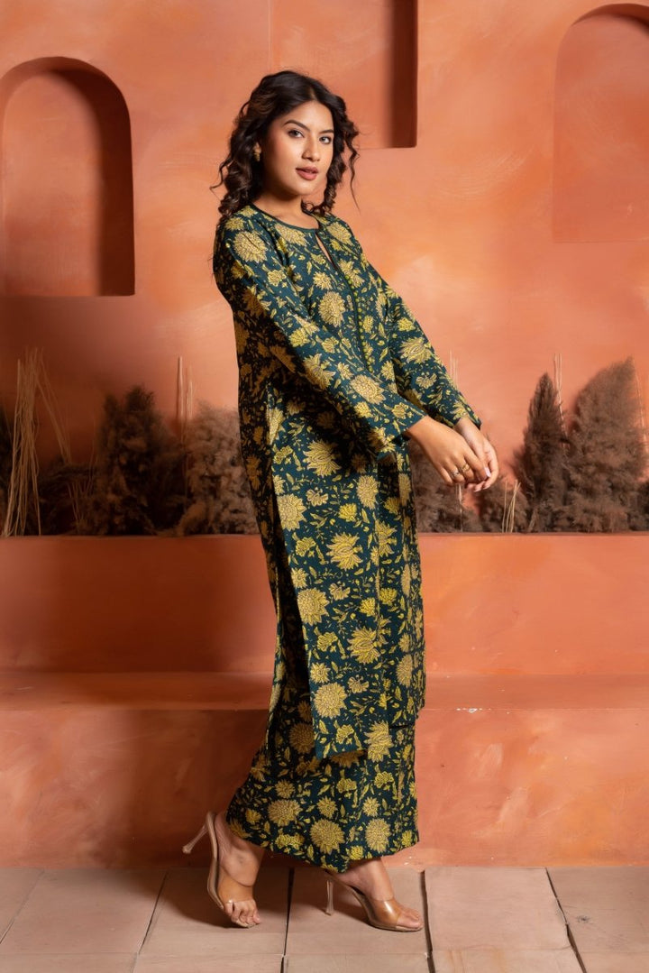 RANG MALHAAR IRA GREEN HAND BLOCK CO - ORD SET - Pomcha Jaipur