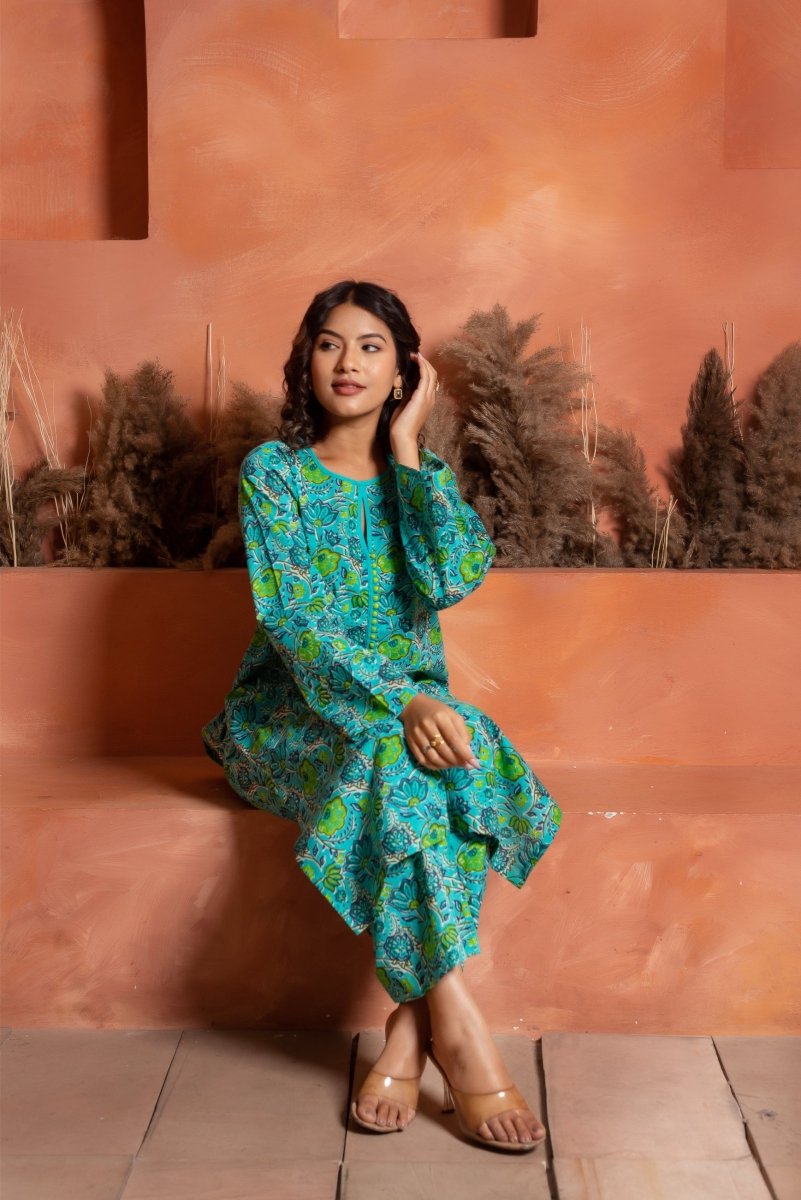RANG MALHAAR LEHAR BLUE HAND BLOCK CO - ORD SET - Pomcha Jaipur