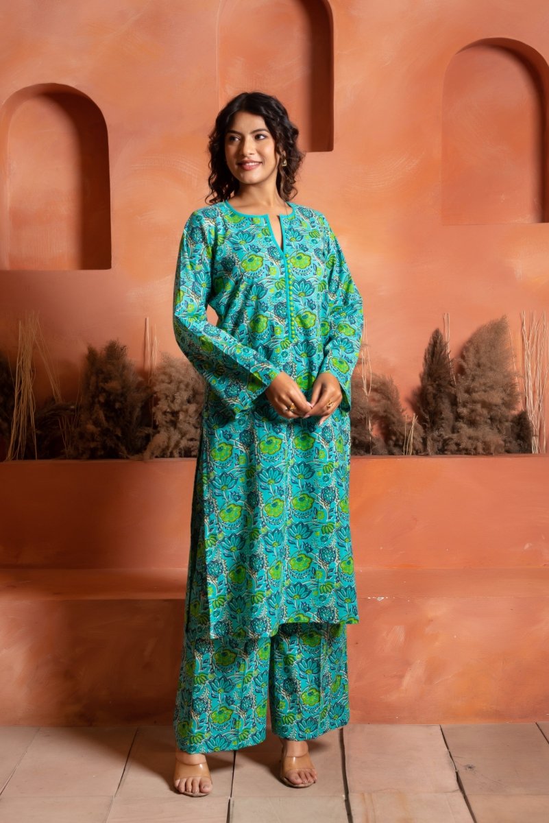 RANG MALHAAR LEHAR BLUE HAND BLOCK CO - ORD SET - Pomcha Jaipur