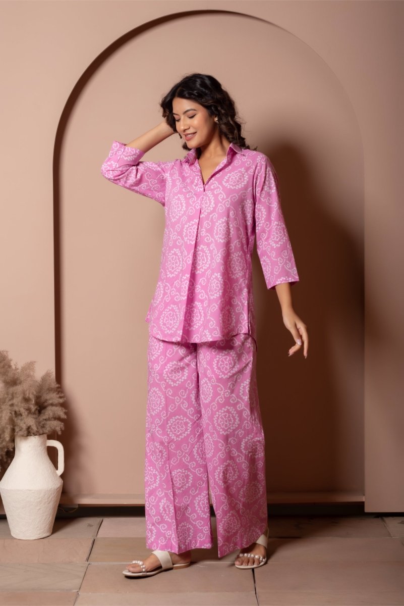RANG MALHAAR LIGHT PINK BANDHEJ COTTON CO - ORD SET - Pomcha Jaipur