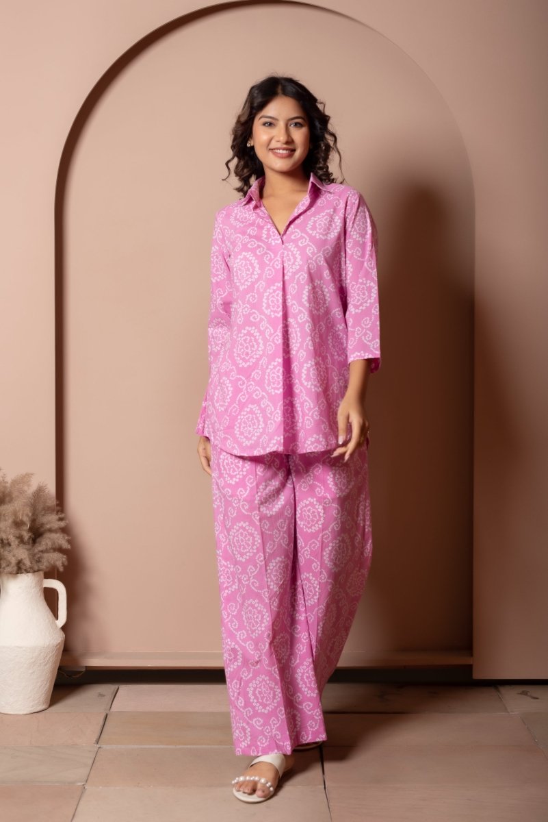RANG MALHAAR LIGHT PINK BANDHEJ COTTON CO - ORD SET - Pomcha Jaipur