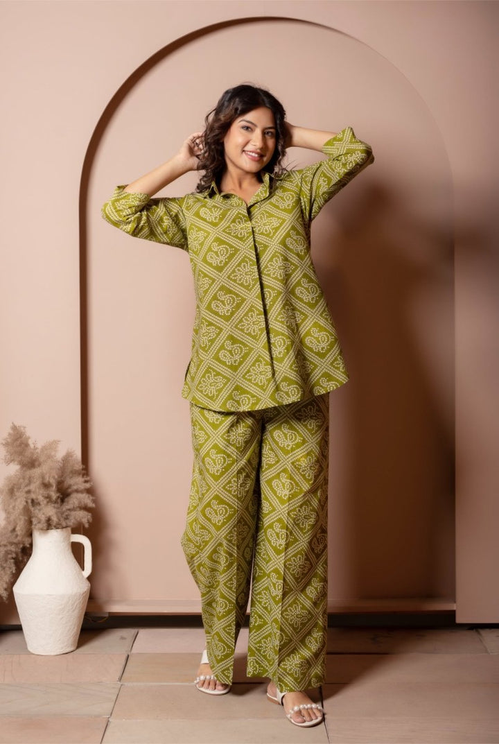RANG MALHAAR MEHENDI GREEN BANDHEJ COTTON CO - ORD SET - Pomcha Jaipur