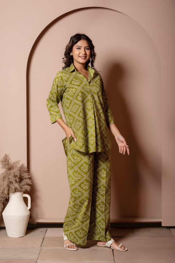 RANG MALHAAR MEHENDI GREEN BANDHEJ COTTON CO - ORD SET - Pomcha Jaipur