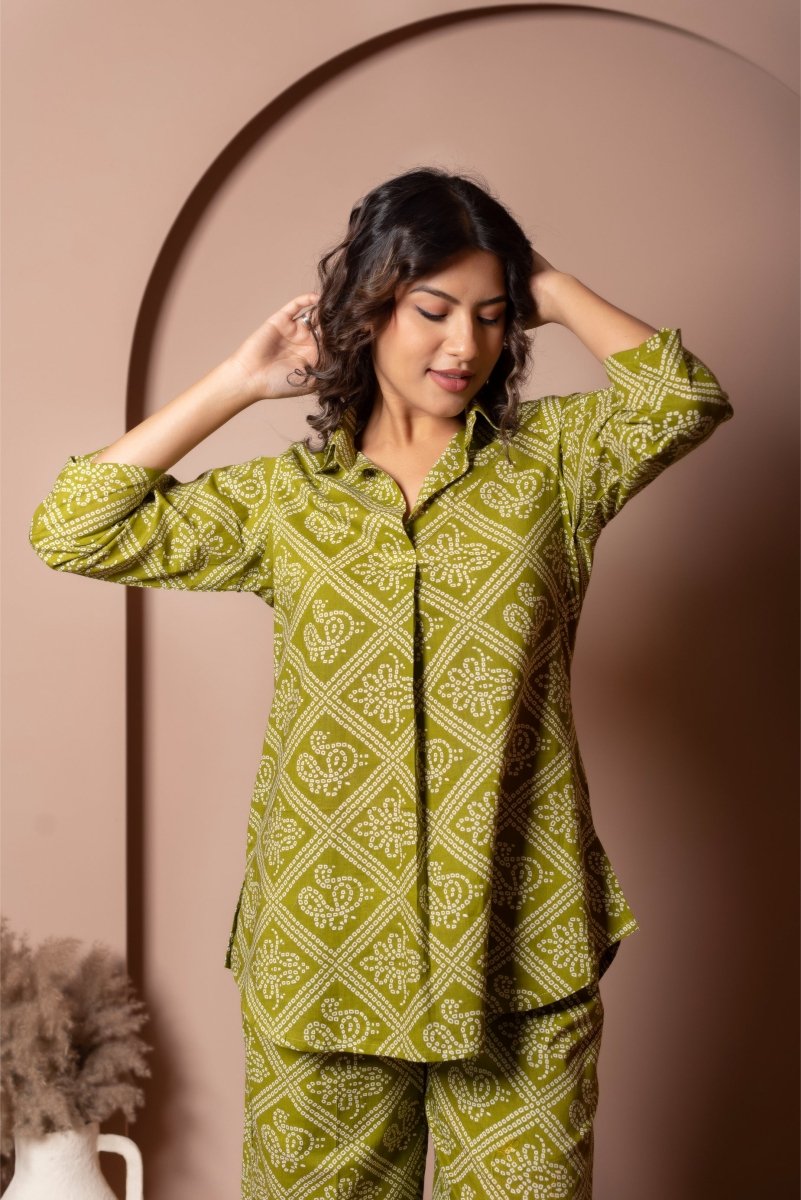 RANG MALHAAR MEHENDI GREEN BANDHEJ COTTON CO - ORD SET - Pomcha Jaipur