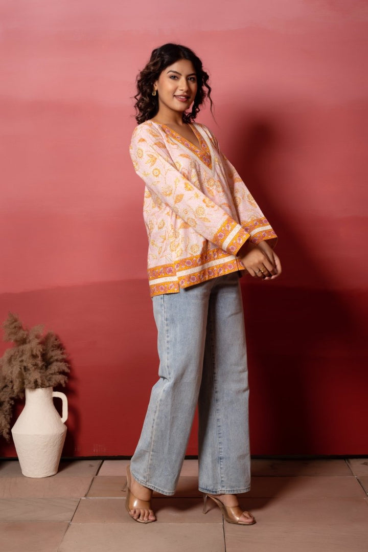 RANG MALHAAR PEACH COTTON HAND BLOCK SHORT KURTI - Pomcha Jaipur