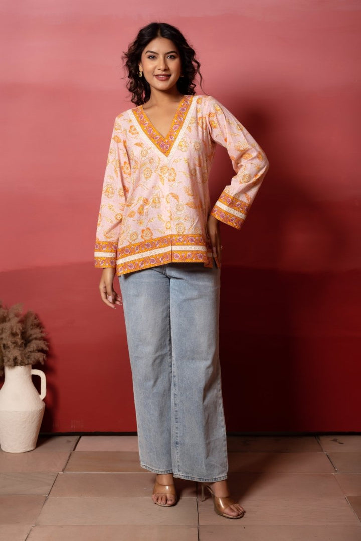 RANG MALHAAR PEACH COTTON HAND BLOCK SHORT KURTI - Pomcha Jaipur