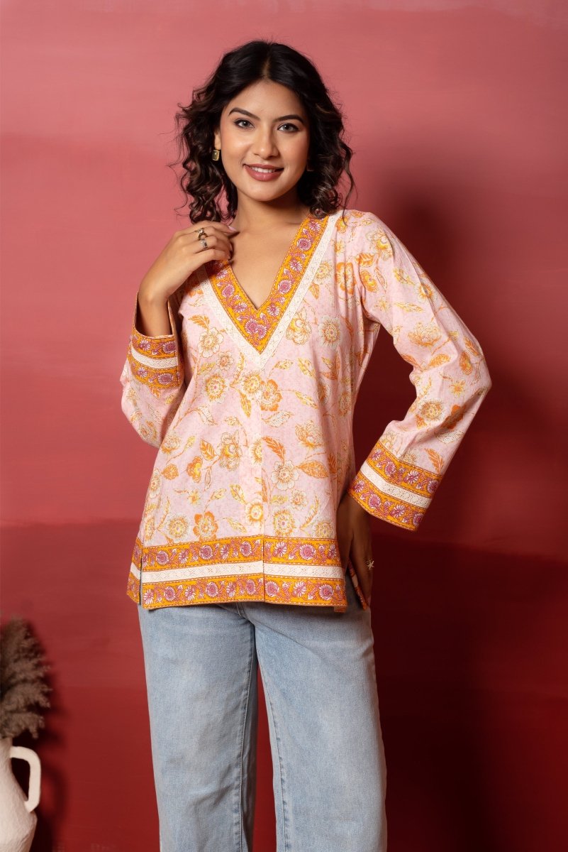RANG MALHAAR PEACH COTTON HAND BLOCK SHORT KURTI - Pomcha Jaipur