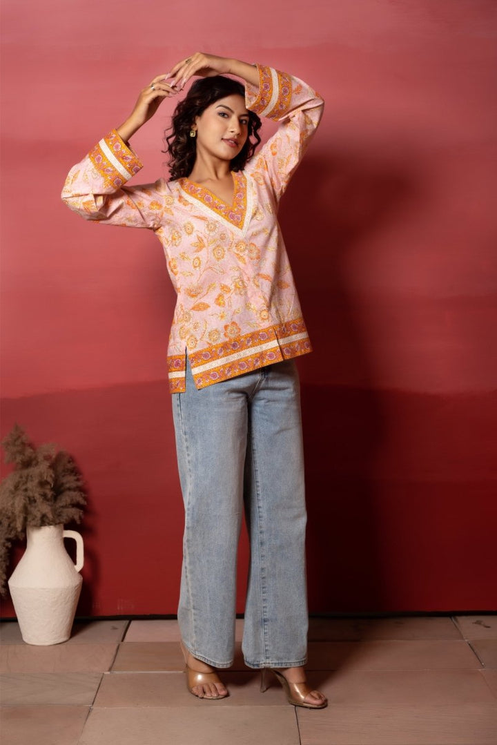 RANG MALHAAR PEACH COTTON HAND BLOCK SHORT KURTI - Pomcha Jaipur