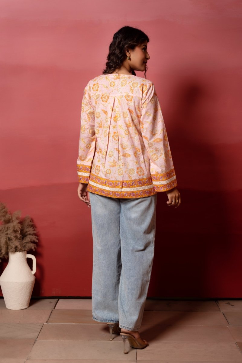 RANG MALHAAR PEACH COTTON HAND BLOCK SHORT KURTI - Pomcha Jaipur