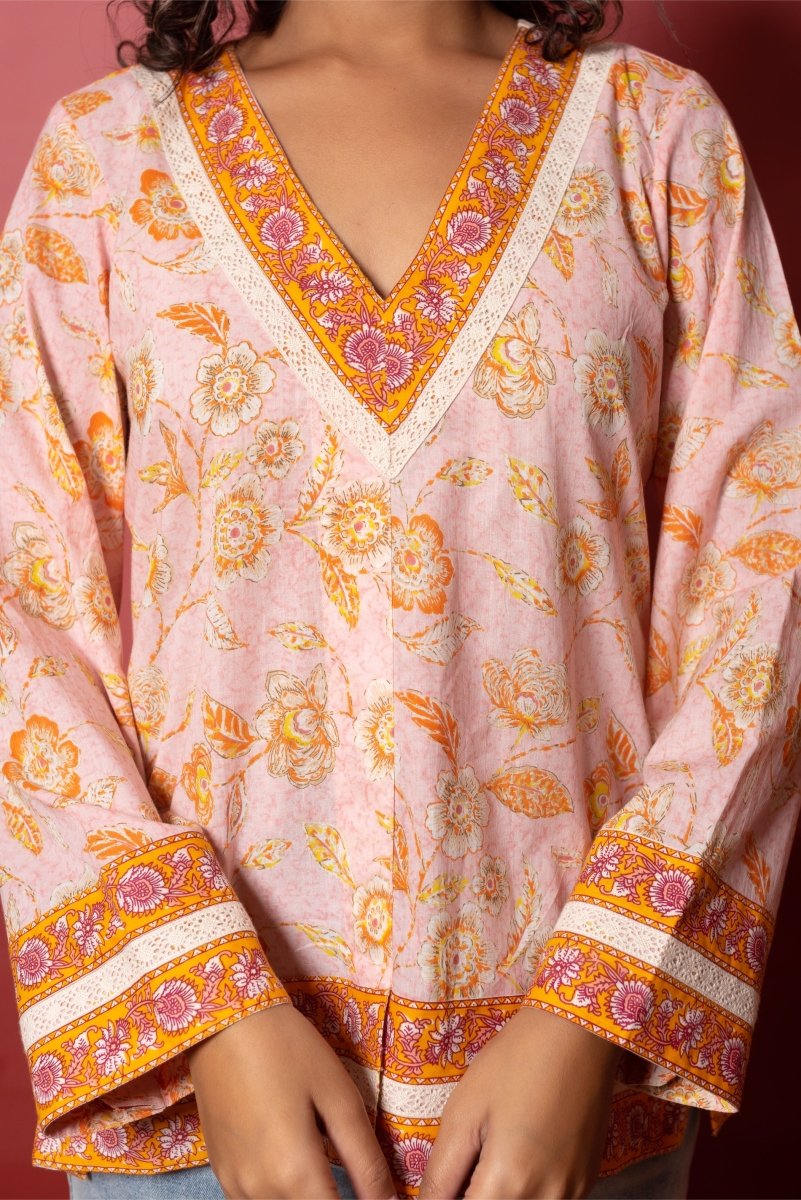 RANG MALHAAR PEACH COTTON HAND BLOCK SHORT KURTI - Pomcha Jaipur