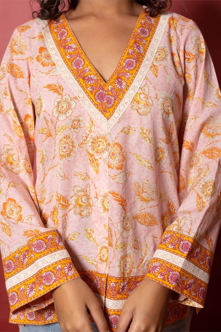 RANG MALHAAR PEACH COTTON HAND BLOCK SHORT KURTI - Pomcha Jaipur