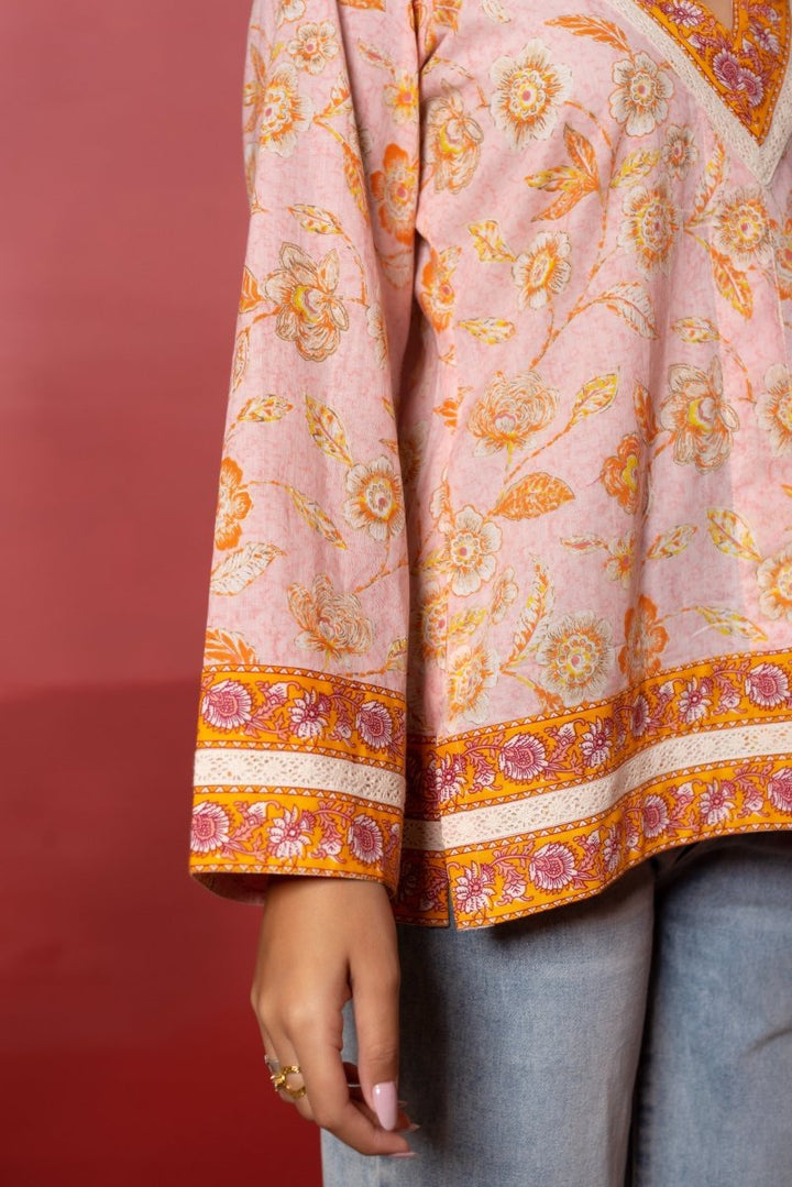 RANG MALHAAR PEACH COTTON HAND BLOCK SHORT KURTI - Pomcha Jaipur