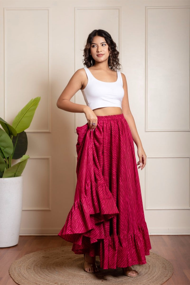 RANG MALHAAR PINK LEHERIYA COTTON SKIRT - Pomcha Jaipur