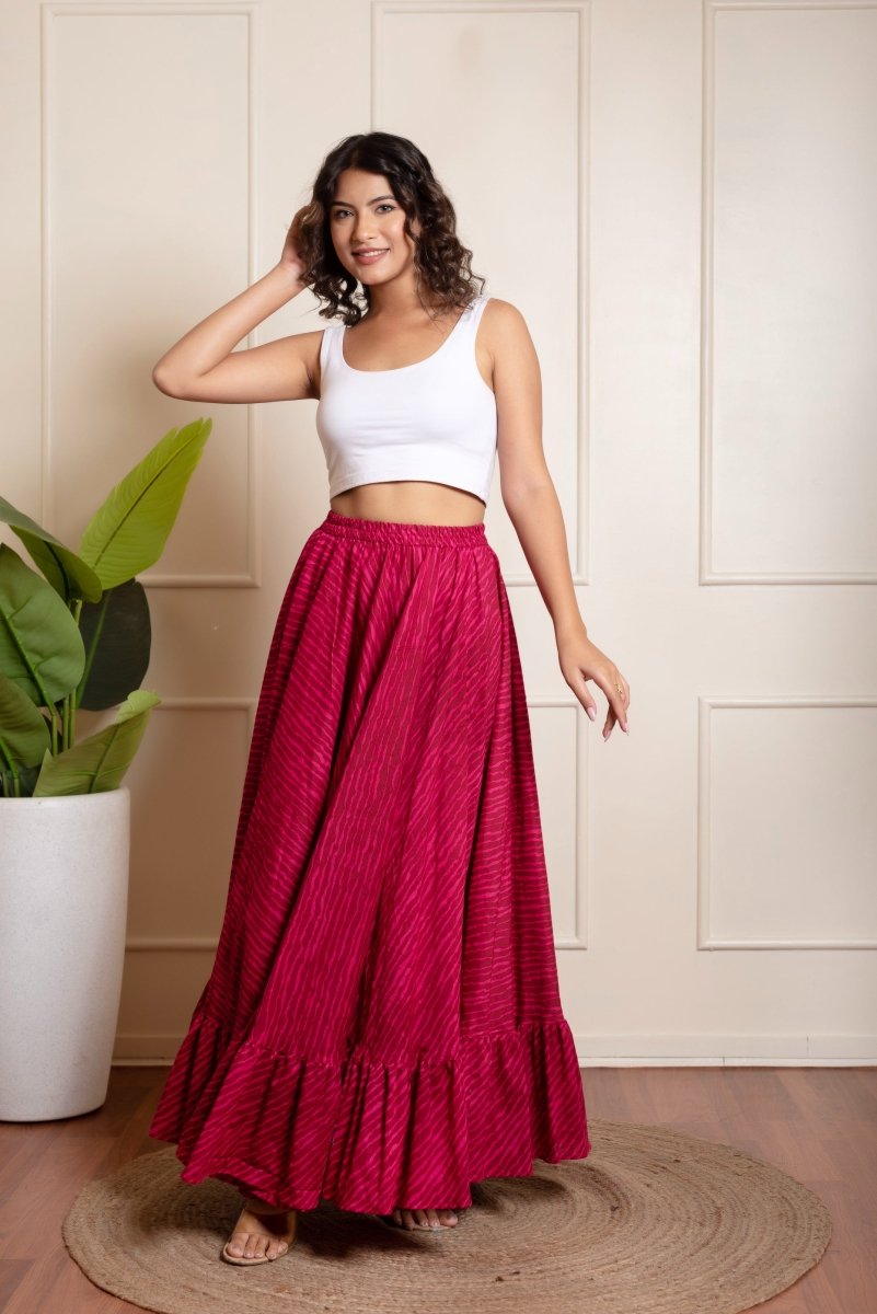 RANG MALHAAR PINK LEHERIYA COTTON SKIRT - Pomcha Jaipur