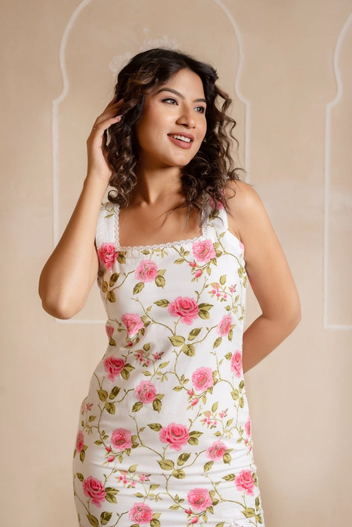 RANG MALHAAR PINK PHOOL COTTON LACE WORK DRESS - Pomcha Jaipur