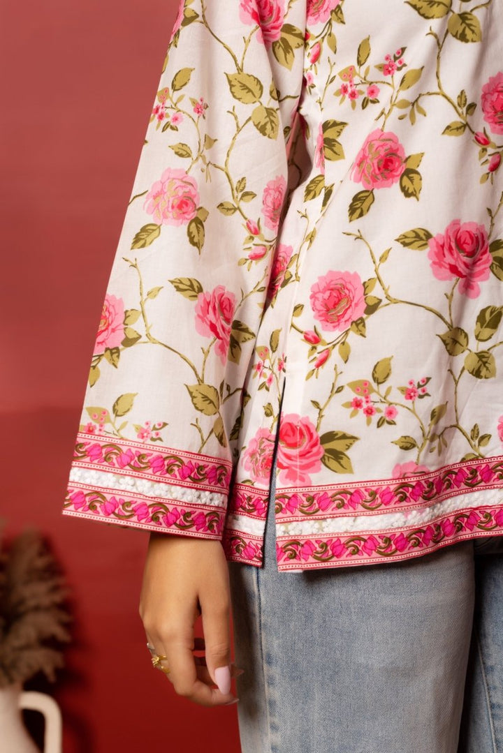 RANG MALHAAR PINK PHOOL COTTON SHORT KURTI - Pomcha Jaipur