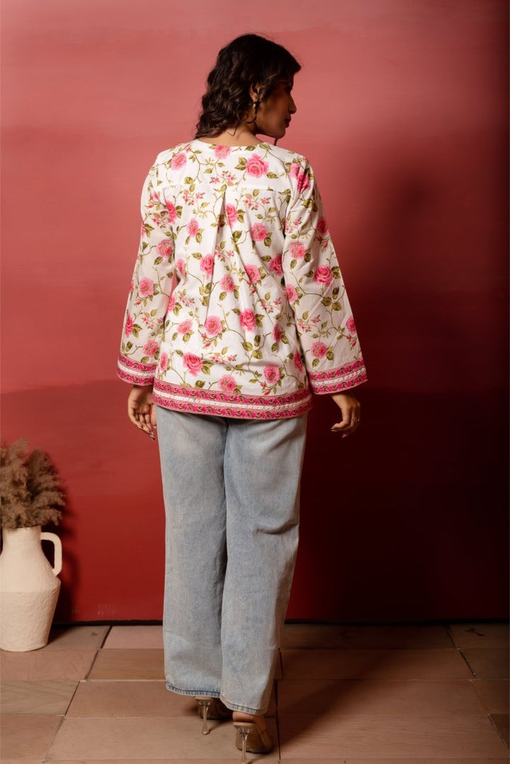 RANG MALHAAR PINK PHOOL COTTON SHORT KURTI - Pomcha Jaipur