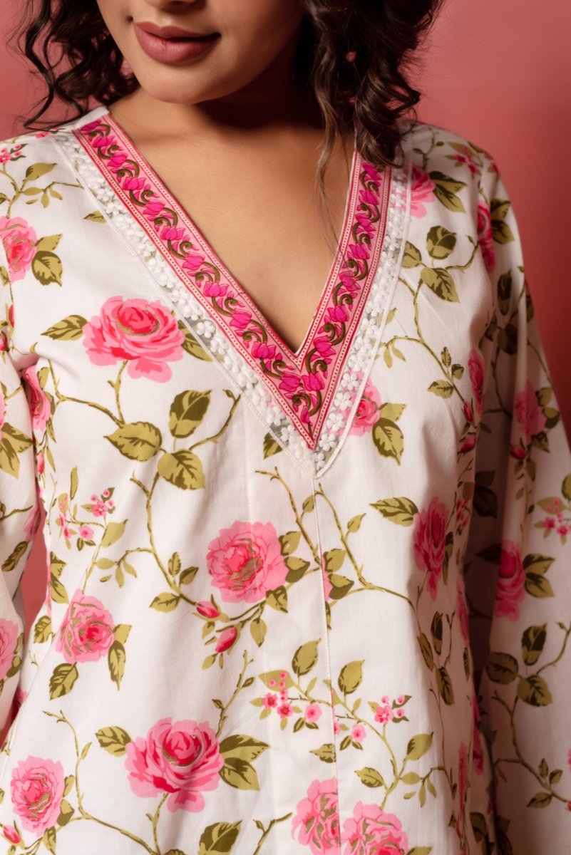 RANG MALHAAR PINK PHOOL COTTON SHORT KURTI - Pomcha Jaipur