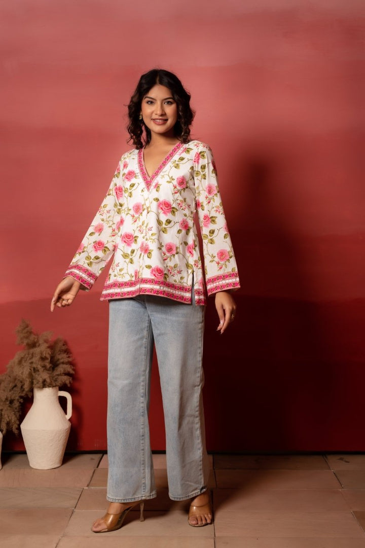 RANG MALHAAR PINK PHOOL COTTON SHORT KURTI - Pomcha Jaipur