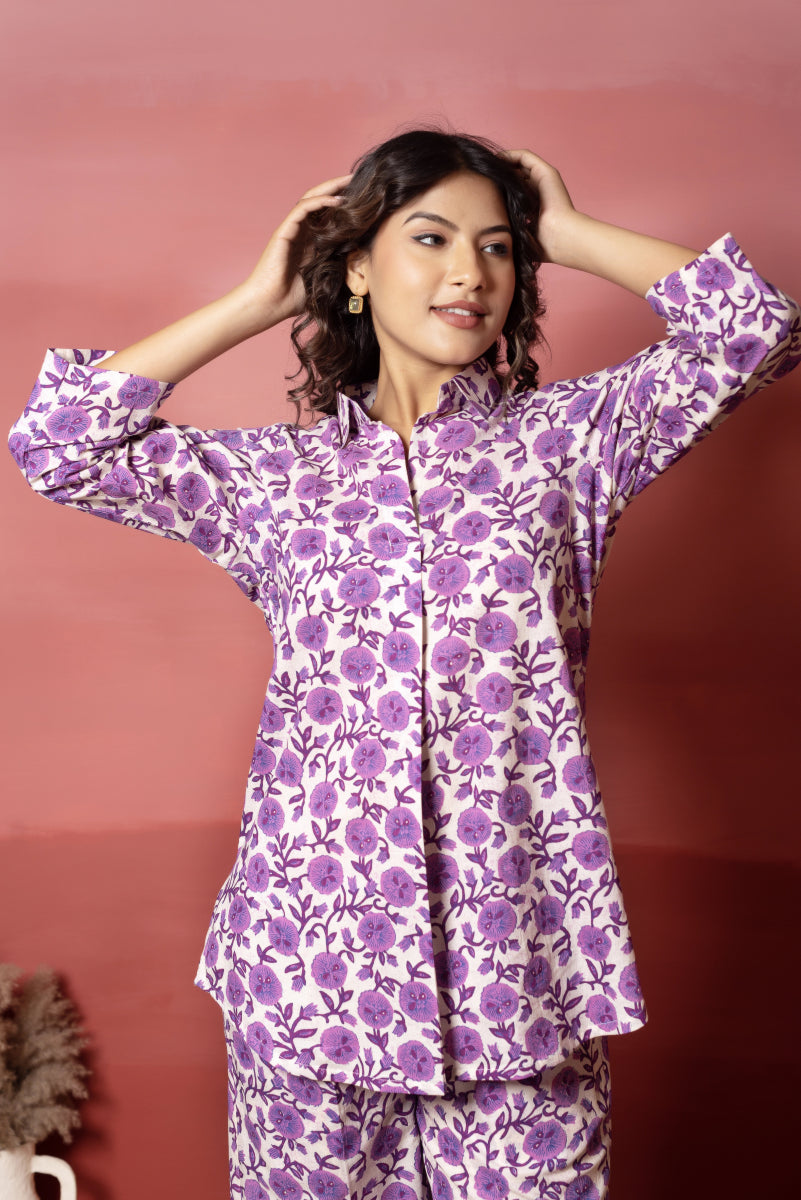 RANG MALHAAR PURPLE HAND BLOCK COTTON CO - ORD SET - Pomcha Jaipur