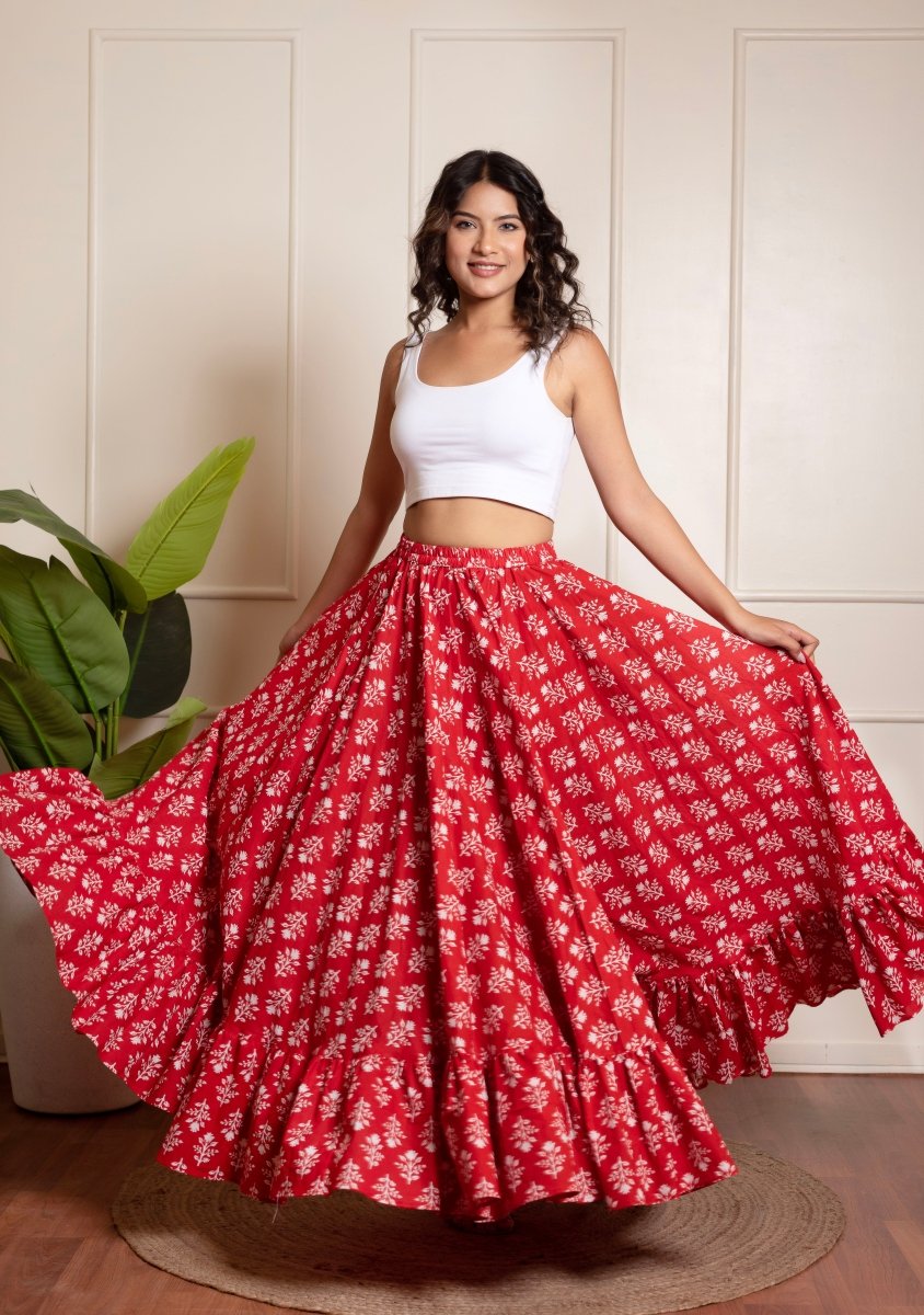 RANG MALHAAR RED HAND BLOCK PRINT SKIRT - Pomcha Jaipur