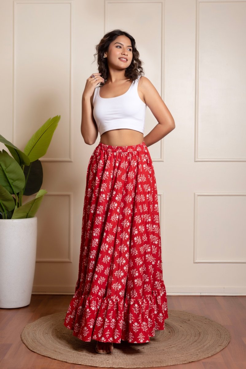 RANG MALHAAR RED HAND BLOCK PRINT SKIRT - Pomcha Jaipur