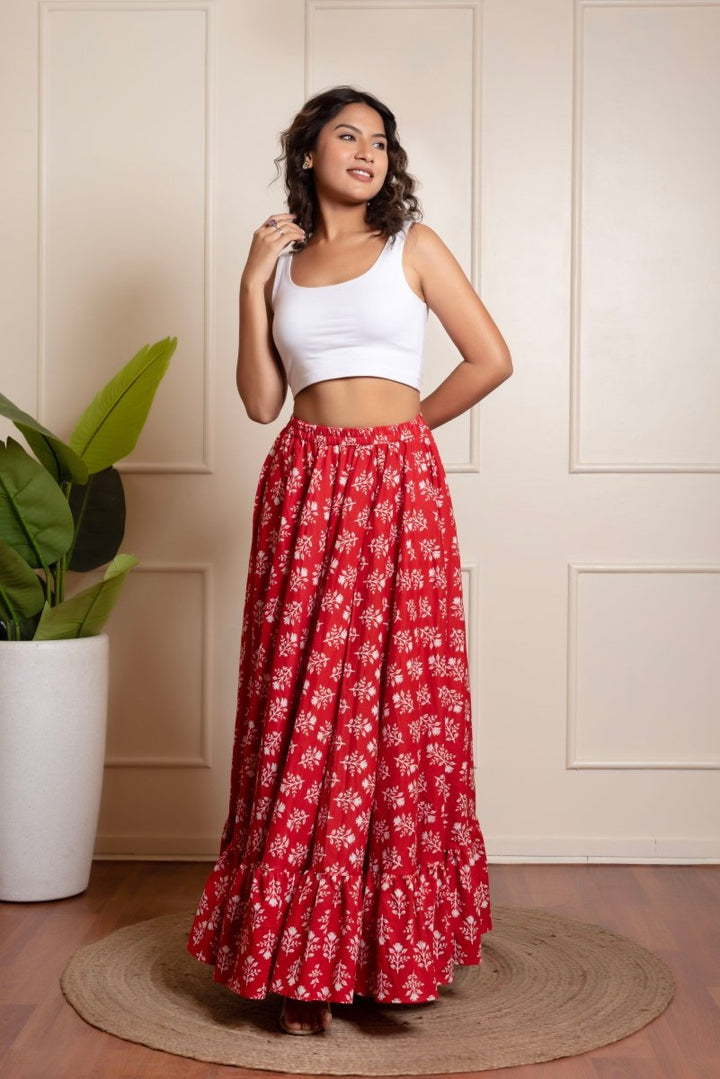 RANG MALHAAR RED HAND BLOCK PRINT SKIRT - Pomcha Jaipur