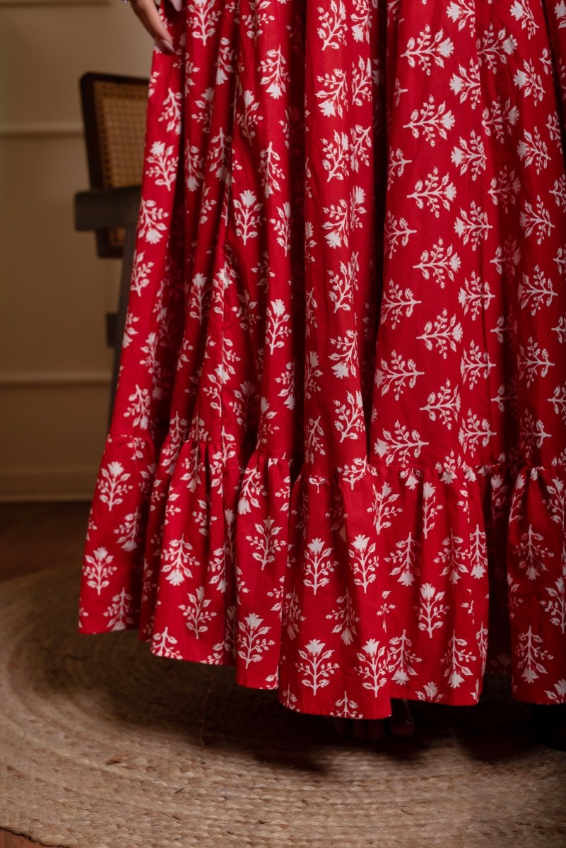 RANG MALHAAR RED HAND BLOCK PRINT SKIRT - Pomcha Jaipur