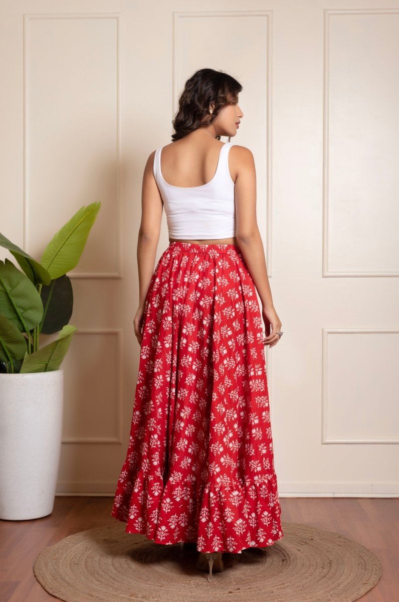 RANG MALHAAR RED HAND BLOCK PRINT SKIRT - Pomcha Jaipur